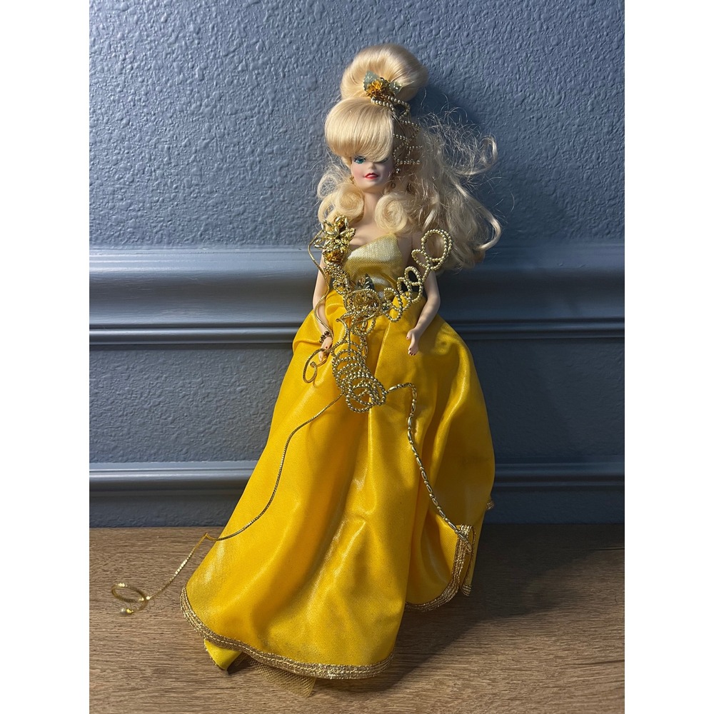 Beautiful Barbie Blonde Doll Yellow Gown Elegant Gold Trim Collectible Doll